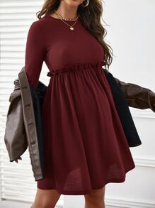 SHEIN Maternity Solid Frill Trim Dress - Maroon - View 3