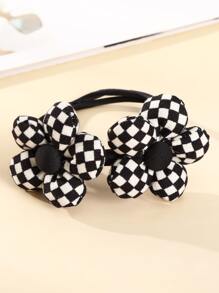 Checkered Pattern Flower Decor Hair Tie - Black and White - View 2