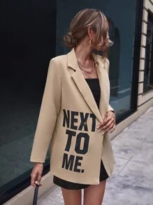SHEIN Essnce Slogan Graphic Single Button Blazer - Khaki - View 6