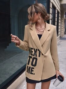 SHEIN Essnce Slogan Graphic Single Button Blazer - Khaki - View 1