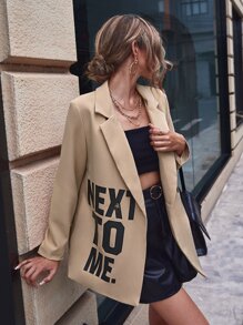 SHEIN Essnce Slogan Graphic Single Button Blazer - Khaki - View 4