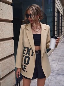 SHEIN Essnce Slogan Graphic Single Button Blazer - Khaki - View 5