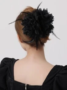 1 件哥特式大号夸张花朵和羽毛设计发夹，适用于角色扮演、派对、婚礼、宴会装饰优雅狂欢节、狂欢节、发饰、爪夹、发夹、发夹、沙滩配饰秋冬发夹，适合度假装扮女士 - 黑色 - 查看 1