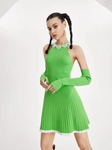 Nayomina 蕾絲邊羅紋針織毛衣洋裝帶臂套