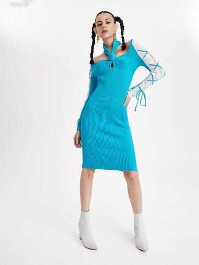 Nayomina Designer Lace Up Sleeve Twist Front Ribbed Knit Elegant Sweater Dress Outfit, For Holiday, Party, Vacation, Birthday Outfits, Festival, Ibiza Fits, Wedding, Prom Dress