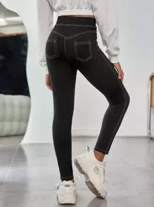 SHEIN Leap Crew Tween Girls' Basic Black Sports Leggings - Black - View 6