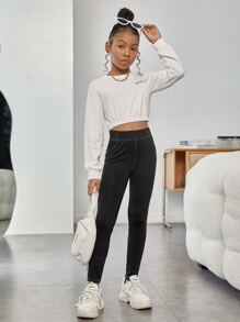 SHEIN Leap Crew Tween Girls' Basic Black Sports Leggings - Black - View 2