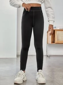 SHEIN Leap Crew Tween Girls' Basic Black Sports Leggings - Black - View 3