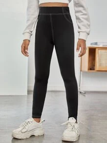 SHEIN Leap Crew Tween Girls' Basic Black Sports Leggings - Black - View 4