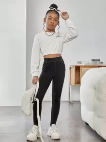 SHEIN Leap Crew Tween Girls' Basic Black Sports Leggings - Black - View 5