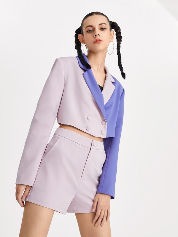 SHEIN X Sandrine Husodo Color Block Crop Blazer & Shorts Set SHEIN