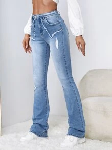 SHEIN EZwear Jeans de pierna amplia ribete crudo desgarro - Lavado ligero - Ver 3