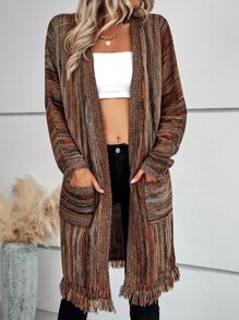 SHEIN LUNE 條紋圖案落肩袖流蘇下擺開襟衫 - 彩色 - 查看 1