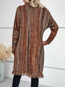 SHEIN LUNE 條紋圖案落肩袖流蘇下擺開襟衫 - 彩色 - 查看 2