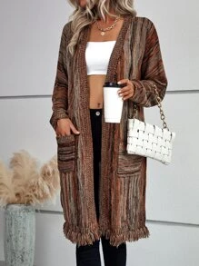 SHEIN LUNE 條紋圖案落肩袖流蘇下擺開襟衫 - 彩色 - 查看 3