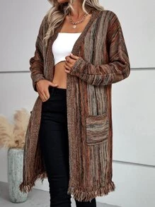 SHEIN LUNE 條紋圖案落肩袖流蘇下擺開襟衫 - 彩色 - 查看 4