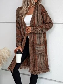 SHEIN LUNE 條紋圖案落肩袖流蘇下擺開襟衫 - 彩色 - 查看 6