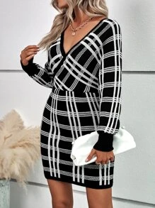 SHEIN LUNE Vestido de punto con patrón de cuadros de cuello cruzado - Negro - Ver 3