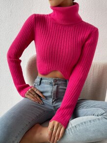 SHEIN Essnce Jersey corto de cuello tortuga bajo asimétrico - Rosa Fucsia - Ver 1