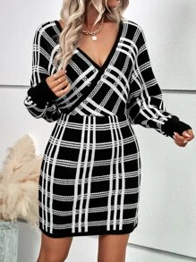 SHEIN LUNE Vestido de punto con patrón de cuadros de cuello cruzado - Negro - Ver 4
