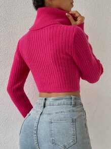 SHEIN Essnce Jersey corto de cuello tortuga bajo asimétrico - Rosa Fucsia - Ver 2