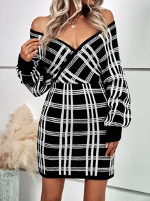 SHEIN LUNE Vestido de punto con patrón de cuadros de cuello cruzado - Negro - Ver 6