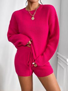 SHEIN Essnce Jersey de hombros caídos & Shorts tejidos de cintura con cordón - Rosa Fucsia - Ver 1