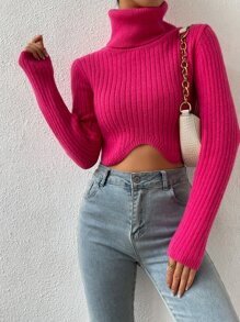 SHEIN Essnce Jersey corto de cuello tortuga bajo asimétrico - Rosa Fucsia - Ver 4