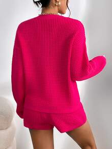 SHEIN Essnce Jersey de hombros caídos & Shorts tejidos de cintura con cordón - Rosa Fucsia - Ver 2