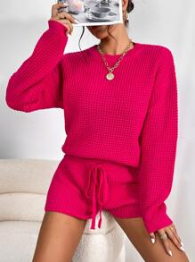 SHEIN Essnce Jersey de hombros caídos & Shorts tejidos de cintura con cordón - Rosa Fucsia - Ver 4