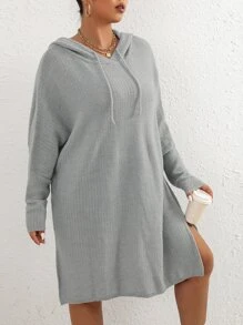 SHEIN Unity Plus Split Hem Drawstring Hooded Sweater Dress - Light Grey - View 3