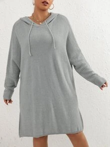 SHEIN Unity Plus Split Hem Drawstring Hooded Sweater Dress - Light Grey - View 1