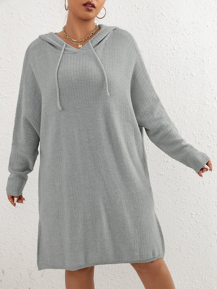 SHEIN Unity Plus Split Hem Drawstring Hooded Sweater Dress - Light Grey - View 1