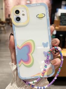 Butterfly Print Clear Phone Case With Beaded Lanyard - Clear - View 1