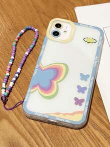 Butterfly Print Clear Phone Case With Beaded Lanyard - Clear - View 3