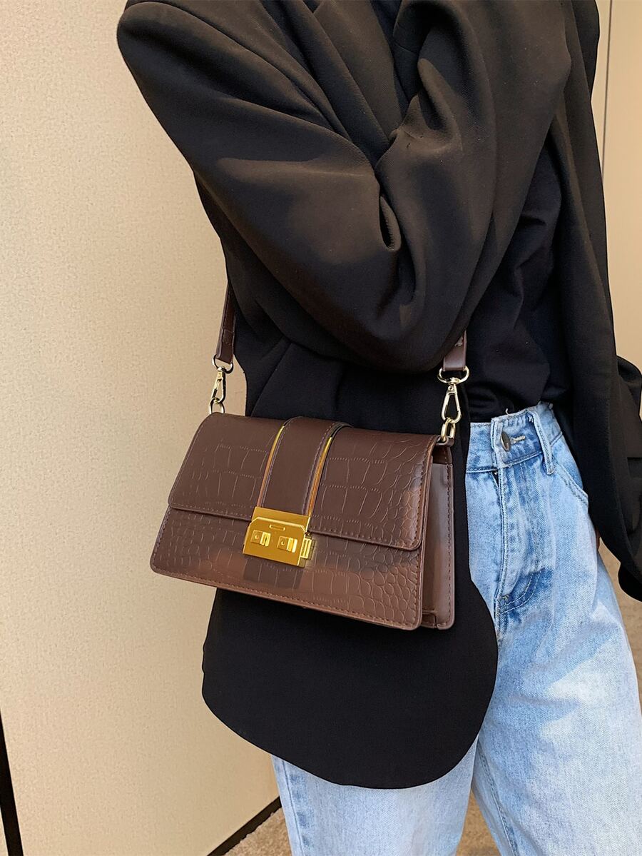 Crocodile Embossed Push Lock Flap Square Bag - Coffee Brown - View 1
