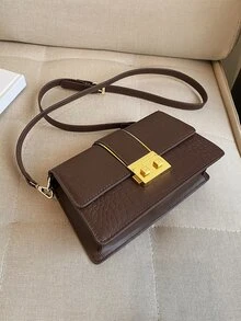 Crocodile Embossed Push Lock Flap Square Bag - Coffee Brown - View 2