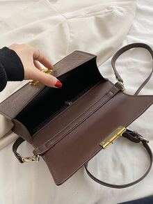 Crocodile Embossed Push Lock Flap Square Bag - Coffee Brown - View 3