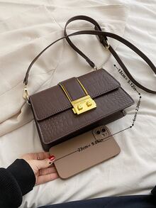 Crocodile Embossed Push Lock Flap Square Bag - Coffee Brown - View 5