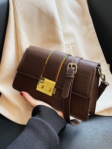 Crocodile Embossed Push Lock Flap Square Bag - Coffee Brown - View 6