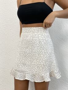 Falda con estampado de lunares bajo con fruncido - Blanco - Ver 3