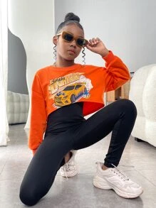 SHEIN Tween Girl Car & Letter Graphic Pullover & Cami Unitard Jumpsuit - Orange - View 2