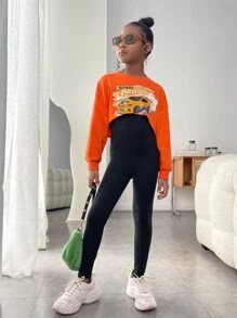 SHEIN Tween Girl Car & Letter Graphic Pullover & Cami Unitard Jumpsuit - Orange - View 5