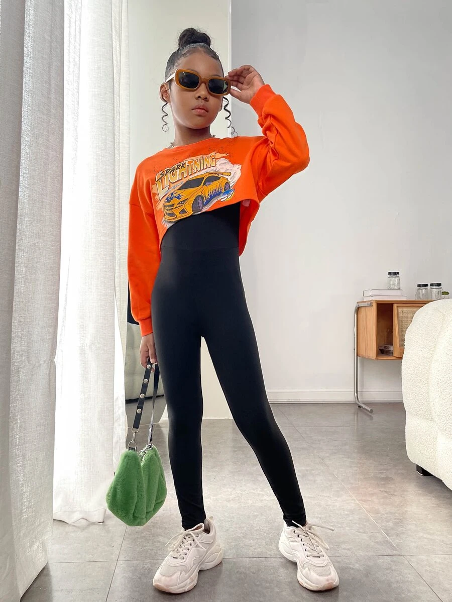SHEIN Tween Girl Car & Letter Graphic Pullover & Cami Unitard Jumpsuit - Orange - View 1