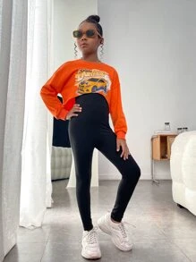 SHEIN Tween Girl Car & Letter Graphic Pullover & Cami Unitard Jumpsuit - Orange - View 6