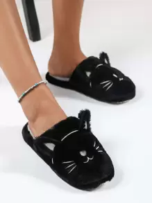 卡通貓耳朵裝飾毛茸茸趣味拖鞋 - 黑色 - 查看 4