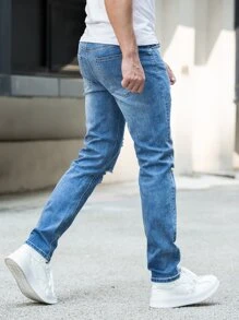 Jeans ajustados con bolsillos desgarrados y cremallera para hombre - Azul lavado medio - Ver 2