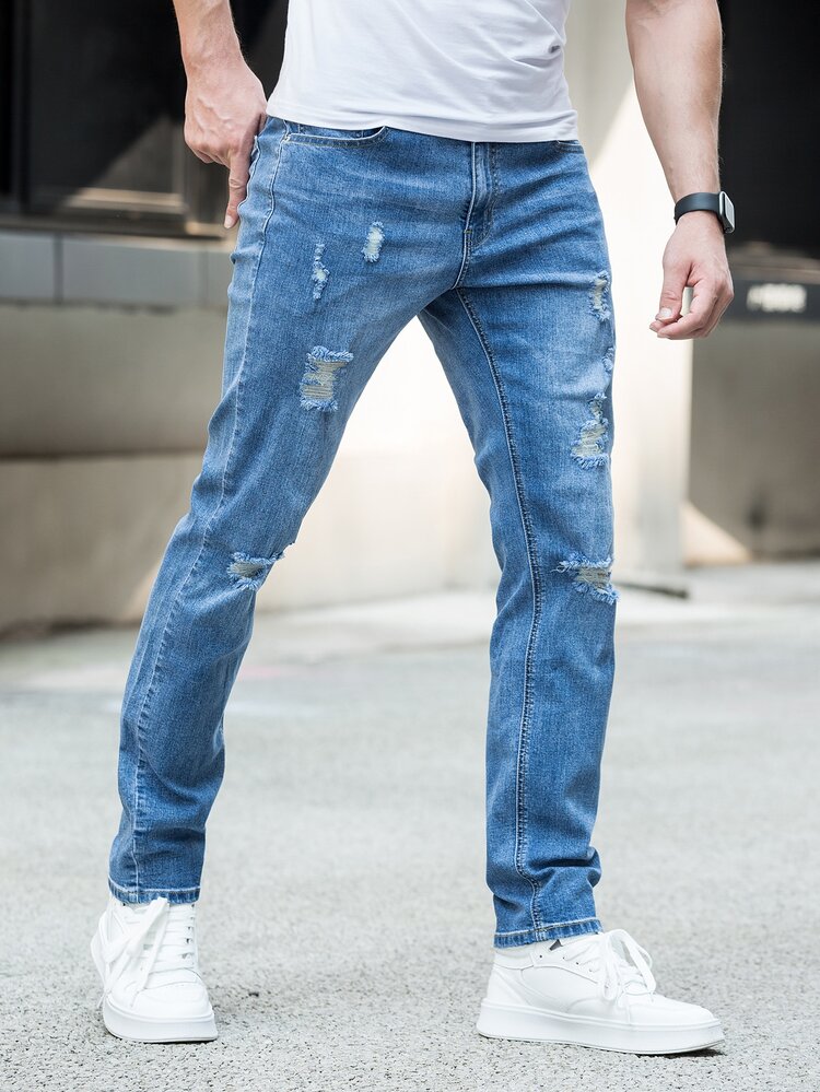 Jeans ajustados con bolsillos desgarrados y cremallera para hombre - Azul lavado medio - Añade 5