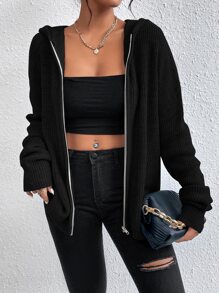 SHEIN Frenchy Zip Up Hooded Solid Cardigan Winter Black - Black - View 3