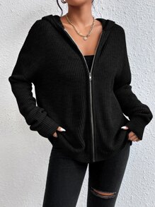 SHEIN Frenchy Zip Up Hooded Solid Cardigan Winter Black - Black - View 4